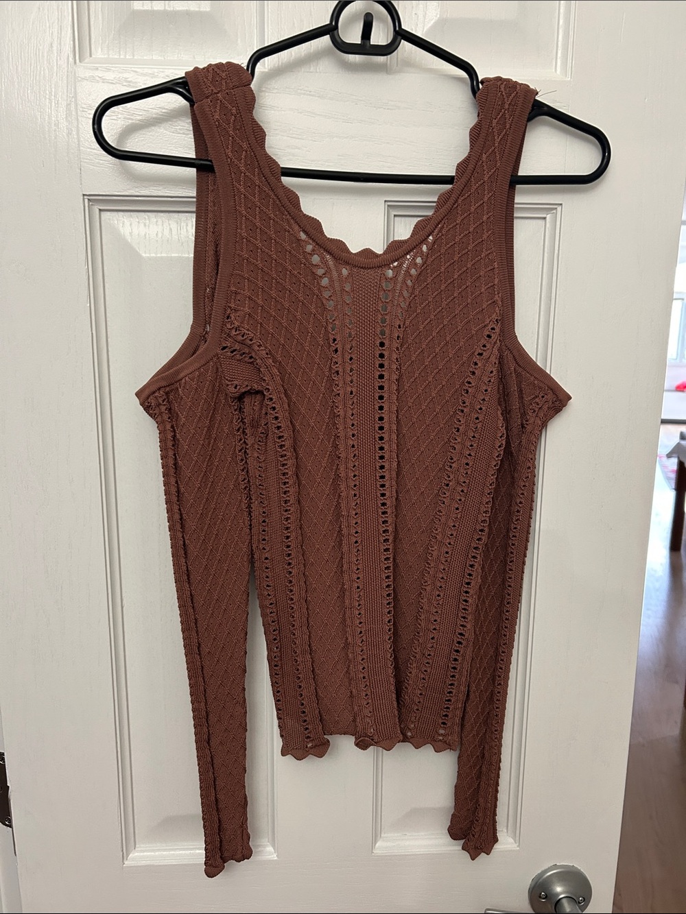 Ronny Kobo Collection Brown Open-Knit Cold-Shoulder Top
